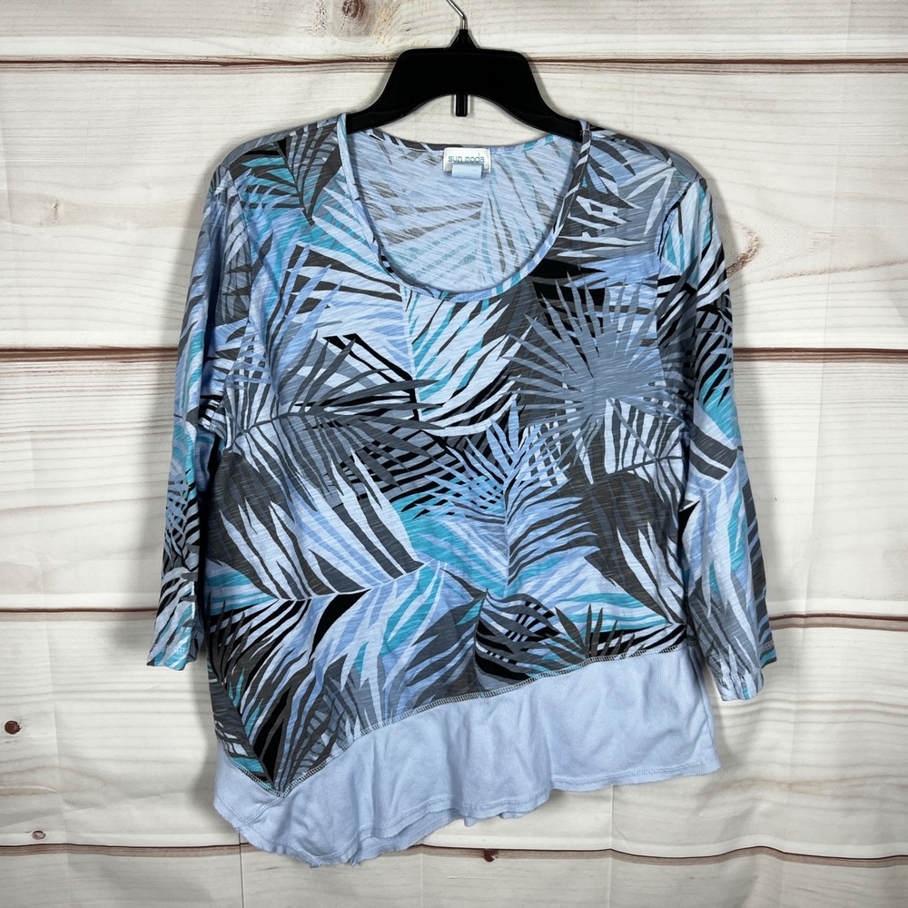 Sun Moda‎ California Womens L Blue Palm Print Asymmetrical 3/4 Sleeve Cotton Top